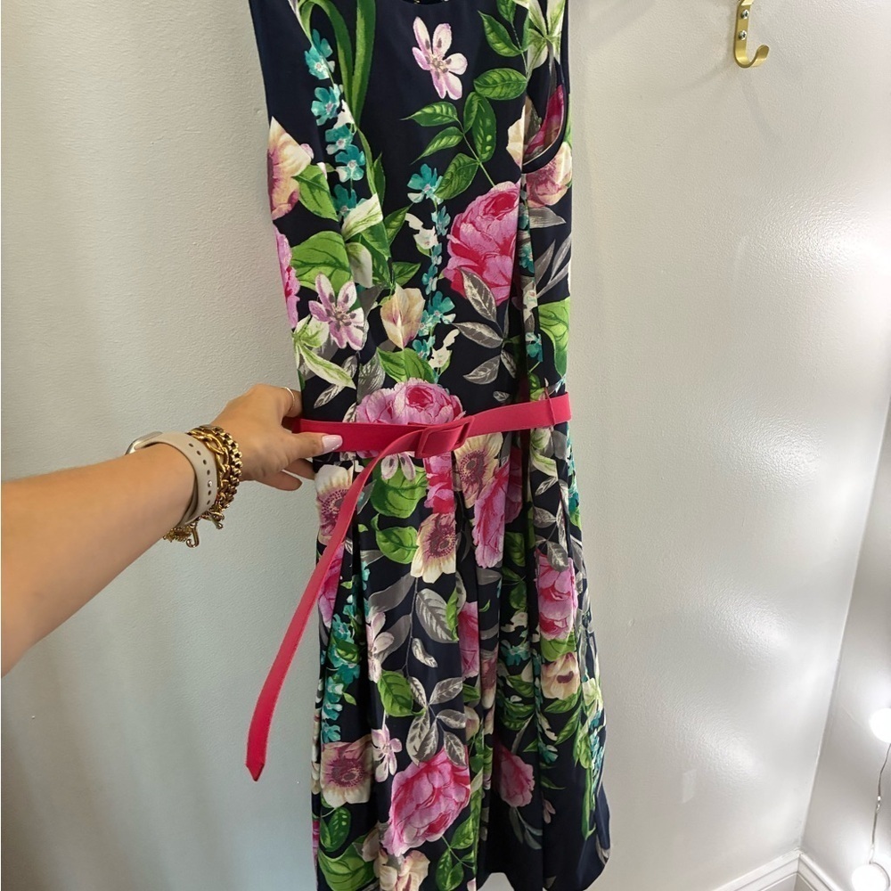 Eliza J Pink, navy green floral belted Midi Dress size 14 - Picture 4 of 6